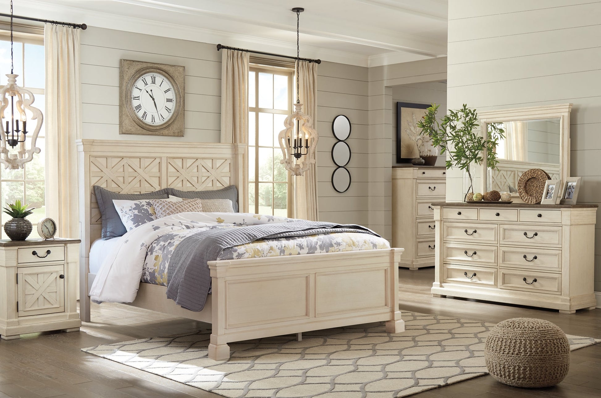 Bolanburg Queen Panel Bed with Mirrored Dresser, Chest and 2 Nightstands Smyrna Furniture Outlet