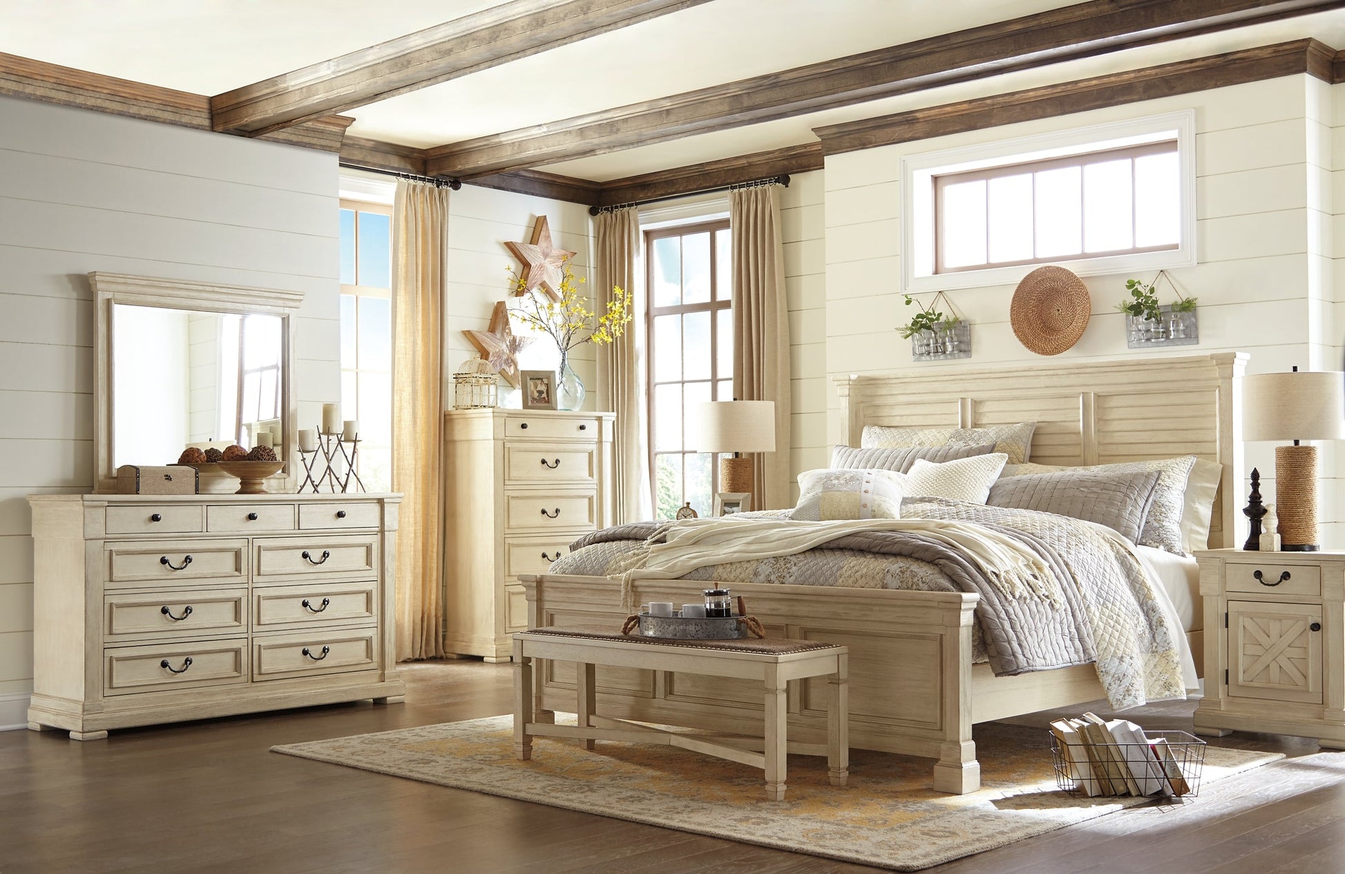 Bolanburg Queen Panel Bed with Mirrored Dresser Smyrna Furniture Outlet