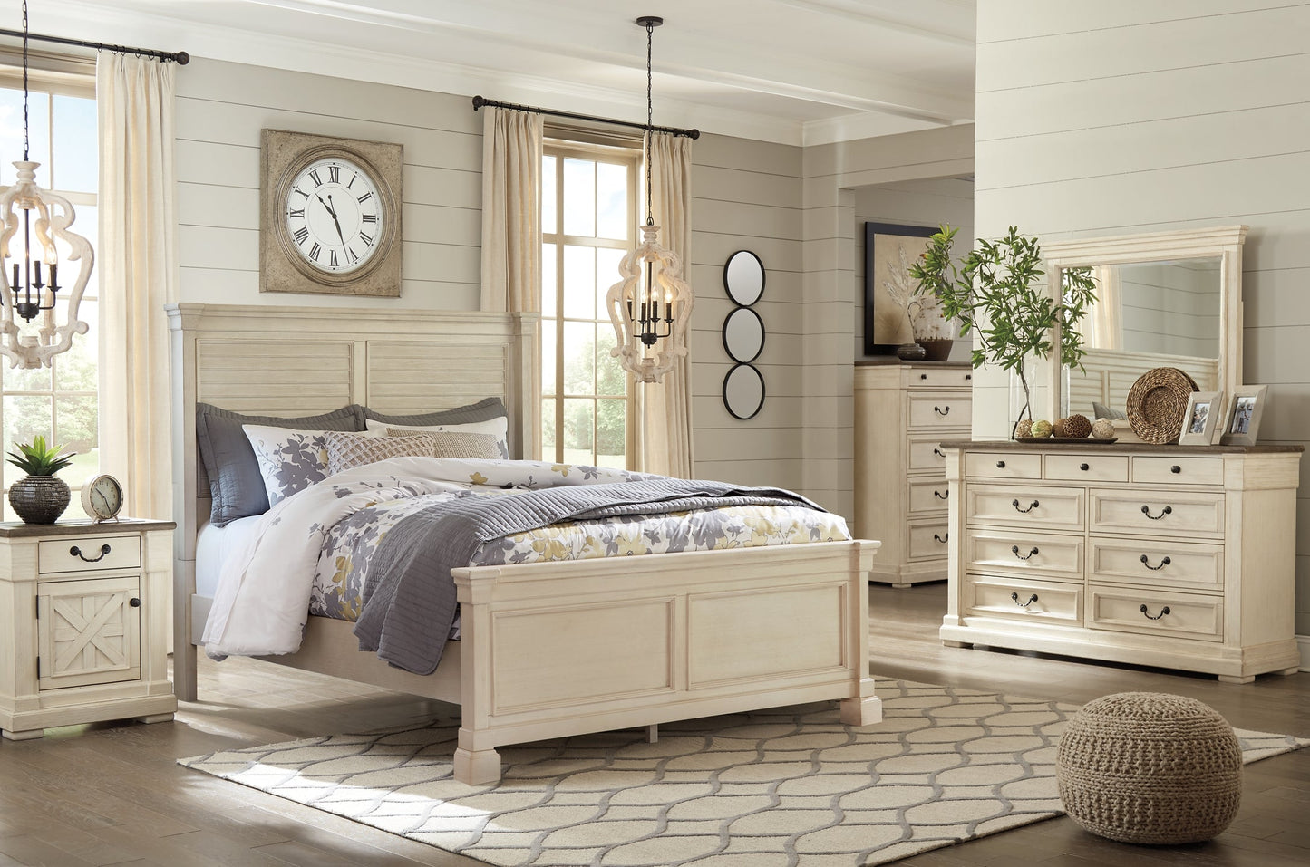 Bolanburg Queen Panel Bed with Mirrored Dresser and 2 Nightstands Smyrna Furniture Outlet