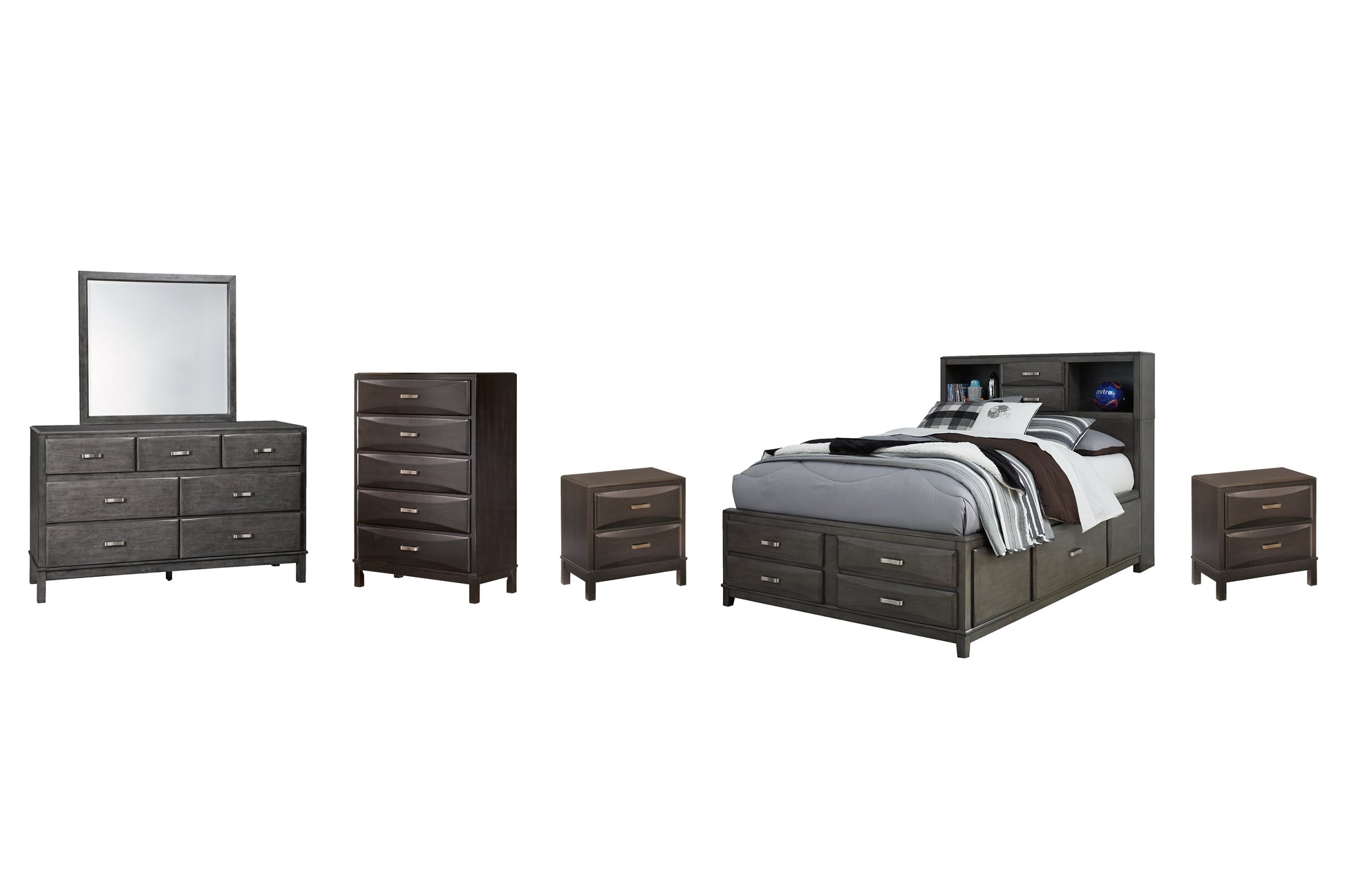 Caitbrook Queen Storage Bed with 8 Storage Drawers with Mirrored Dresser, Chest and 2 Nightstands Smyrna Furniture Outlet