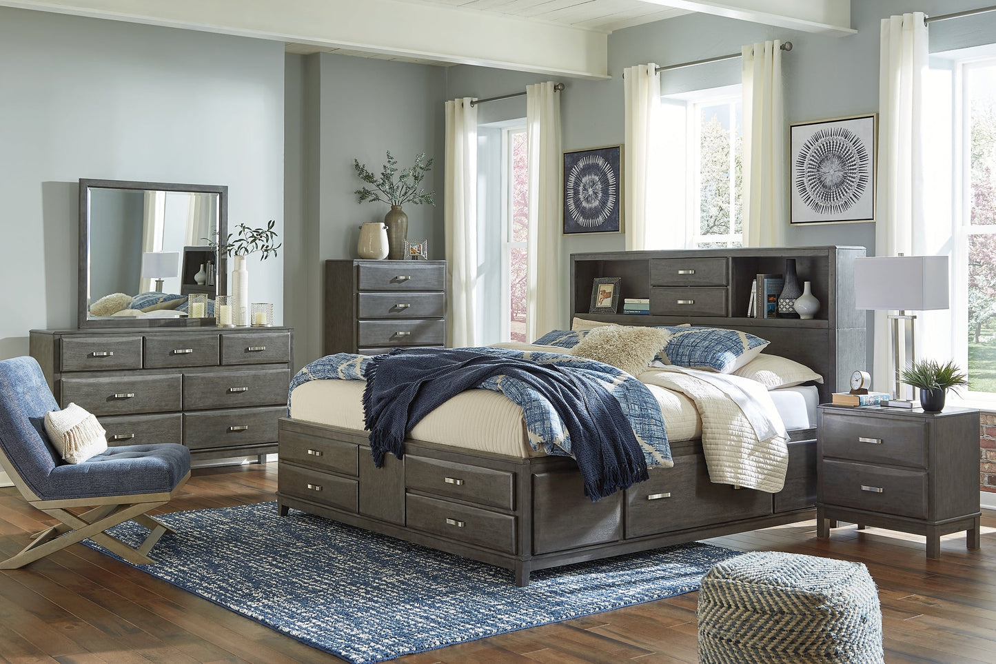 Caitbrook Queen Storage Bed with 8 Storage Drawers with Mirrored Dresser and Chest Smyrna Furniture Outlet