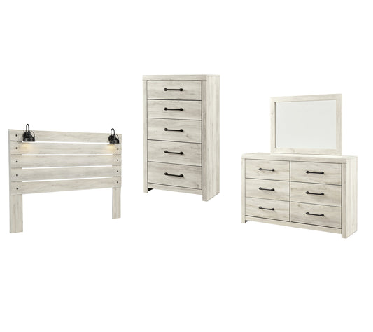 Cambeck King Panel Headboard with Mirrored Dresser and Chest Smyrna Furniture Outlet