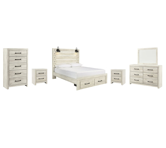 Cambeck Queen Panel Bed with 2 Storage Drawers with Mirrored Dresser, Chest and 2 Nightstands Smyrna Furniture Outlet