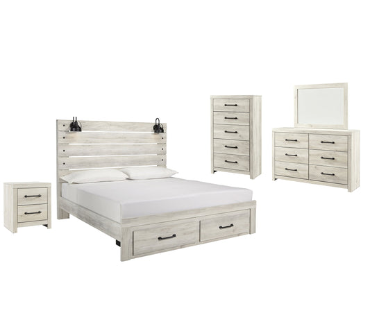 Cambeck Queen Panel Bed with 2 Storage Drawers with Mirrored Dresser, Chest and Nightstand Smyrna Furniture Outlet