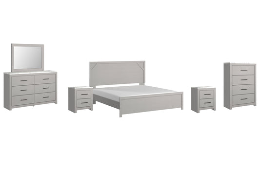 Cottonburg King Panel Bed with Mirrored Dresser, Chest and 2 Nightstands Smyrna Furniture Outlet