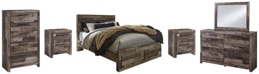 Derekson Queen Panel Bed with 2 Storage Drawers with Mirrored Dresser, Chest and 2 Nightstands Smyrna Furniture Outlet