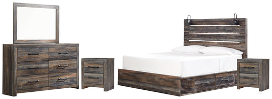 Drystan King Panel Bed with 2 Storage Drawers with Mirrored Dresser and 2 Nightstands Smyrna Furniture Outlet