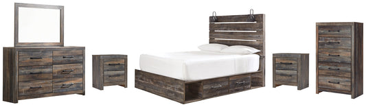 Drystan Queen Panel Bed with 4 Storage Drawers with Mirrored Dresser, Chest and 2 Nightstands Smyrna Furniture Outlet