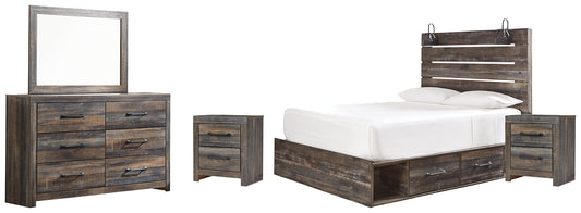Drystan Queen Panel Bed with 4 Storage Drawers with Mirrored Dresser and 2 Nightstands Smyrna Furniture Outlet