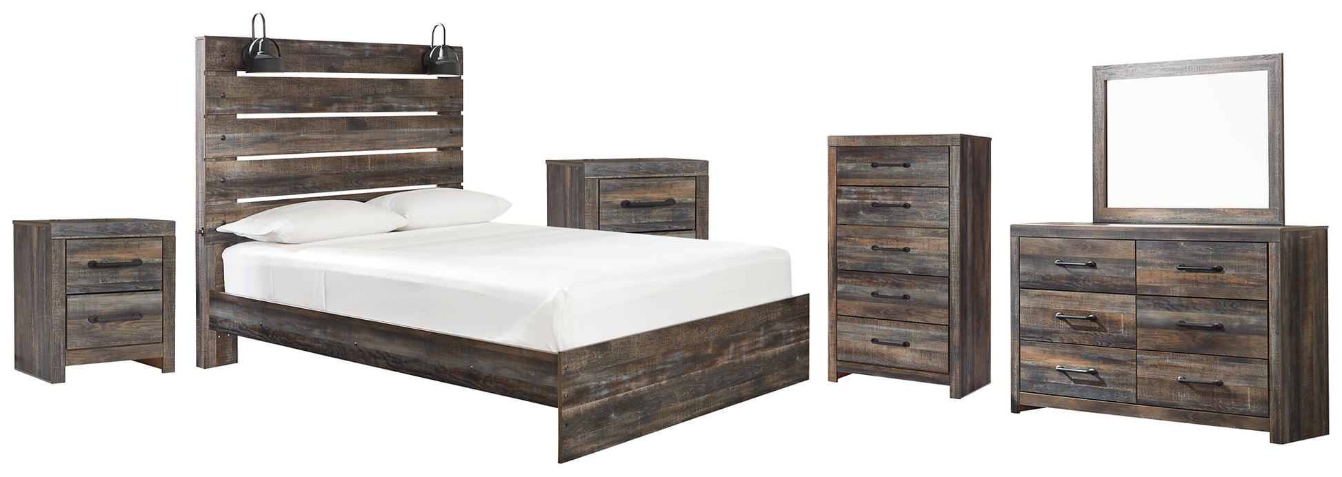 Drystan Queen Panel Bed with Mirrored Dresser, Chest and 2 Nightstands Smyrna Furniture Outlet
