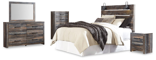 Drystan Queen Panel Headboard with Mirrored Dresser, Chest and Nightstand Smyrna Furniture Outlet