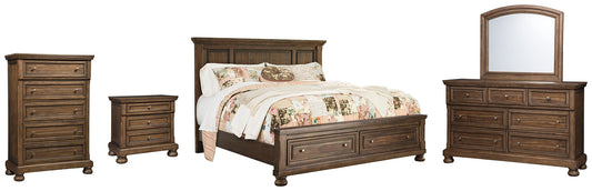 Flynnter California King Panel Bed with 2 Storage Drawers with Mirrored Dresser, Chest and Nightstand Smyrna Furniture Outlet