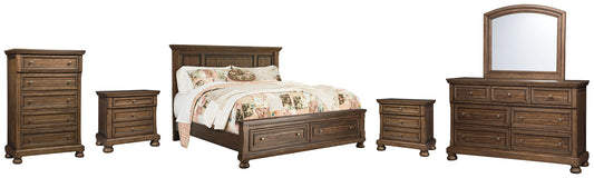Flynnter Queen Panel Bed with 2 Storage Drawers with Mirrored Dresser, Chest and 2 Nightstands Smyrna Furniture Outlet