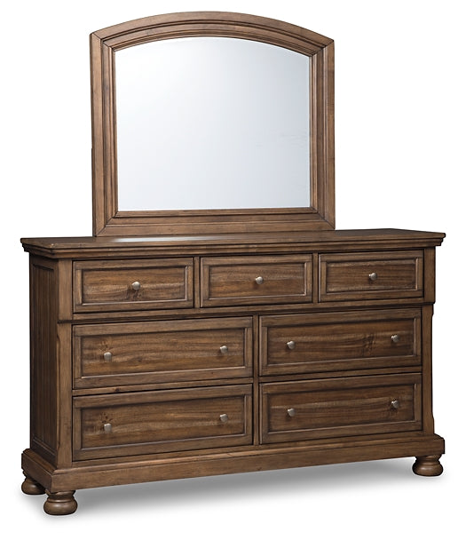 Flynnter Queen Panel Bed with Mirrored Dresser, Chest and Nightstand Smyrna Furniture Outlet