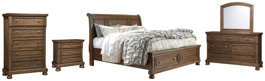 Flynnter Queen Sleigh Bed with 2 Storage Drawers with Mirrored Dresser, Chest and Nightstand Smyrna Furniture Outlet