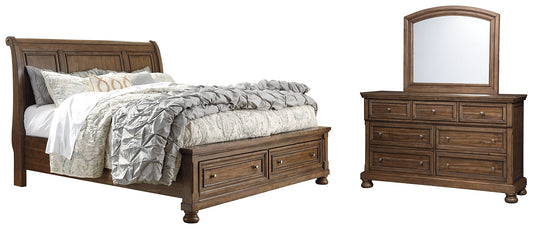 Flynnter Queen Sleigh Bed with 2 Storage Drawers with Mirrored Dresser Smyrna Furniture Outlet