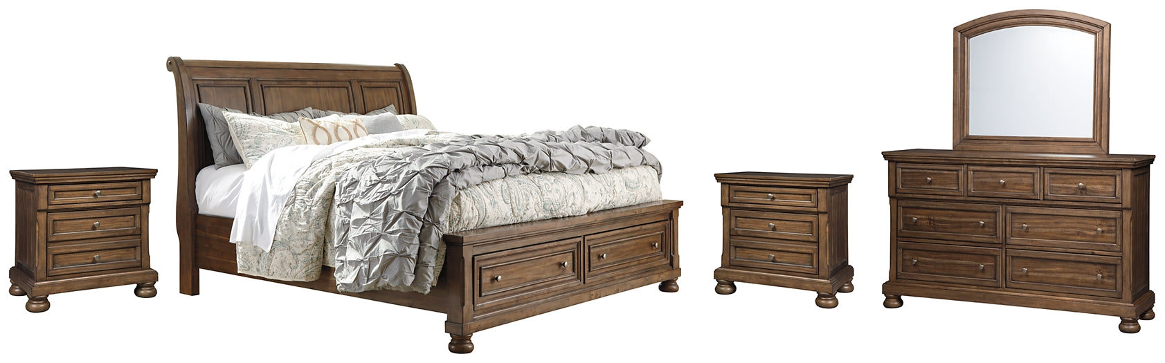 Flynnter Queen Sleigh Bed with 2 Storage Drawers with Mirrored Dresser and 2 Nightstands Smyrna Furniture Outlet