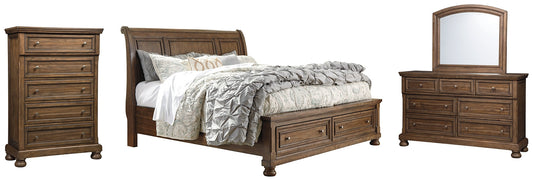 Flynnter Queen Sleigh Bed with 2 Storage Drawers with Mirrored Dresser and Chest Smyrna Furniture Outlet