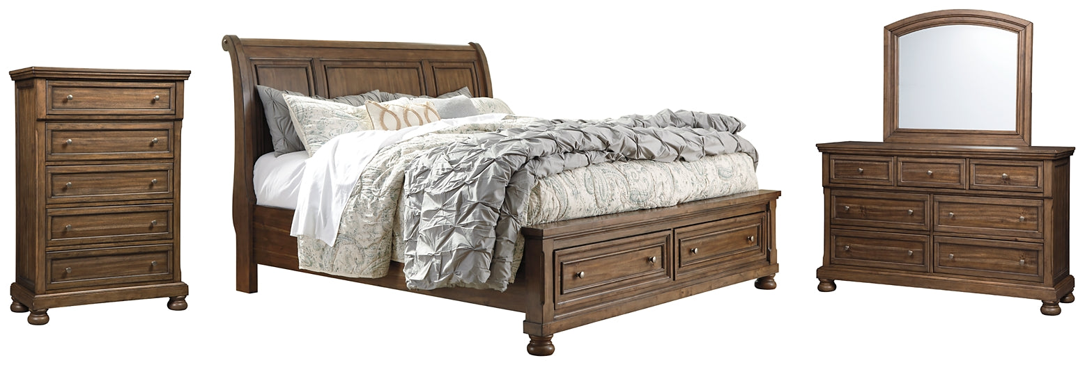 Flynnter Queen Sleigh Bed with 2 Storage Drawers with Mirrored Dresser and Chest Smyrna Furniture Outlet