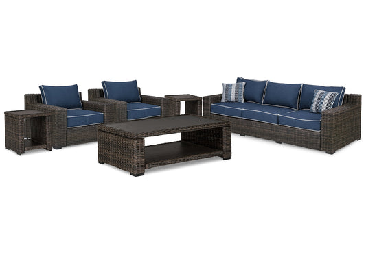 Grasson Lane Outdoor Sofa and  2 Lounge Chairs with Coffee Table and 2 End Tables Smyrna Furniture Outlet