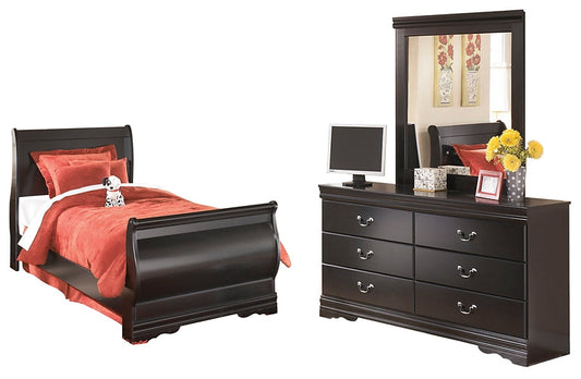 Huey Vineyard Twin Sleigh Bed with Mirrored Dresser Smyrna Furniture Outlet