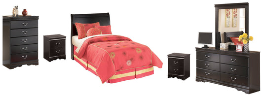 Huey Vineyard Twin Sleigh Headboard with Mirrored Dresser, Chest and 2 Nightstands Smyrna Furniture Outlet