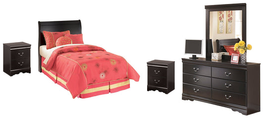 Huey Vineyard Twin Sleigh Headboard with Mirrored Dresser and 2 Nightstands Smyrna Furniture Outlet