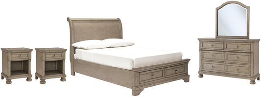 Lettner Full Sleigh Bed with Mirrored Dresser and 2 Nightstands Smyrna Furniture Outlet