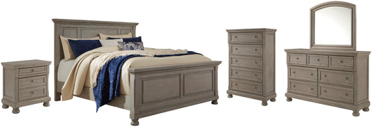 Lettner Queen Panel Bed with Mirrored Dresser, Chest and Nightstand Smyrna Furniture Outlet