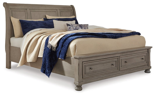 Lettner Queen Sleigh Bed with 2 Storage Drawers with Mirrored Dresser, Chest and 2 Nightstands Smyrna Furniture Outlet