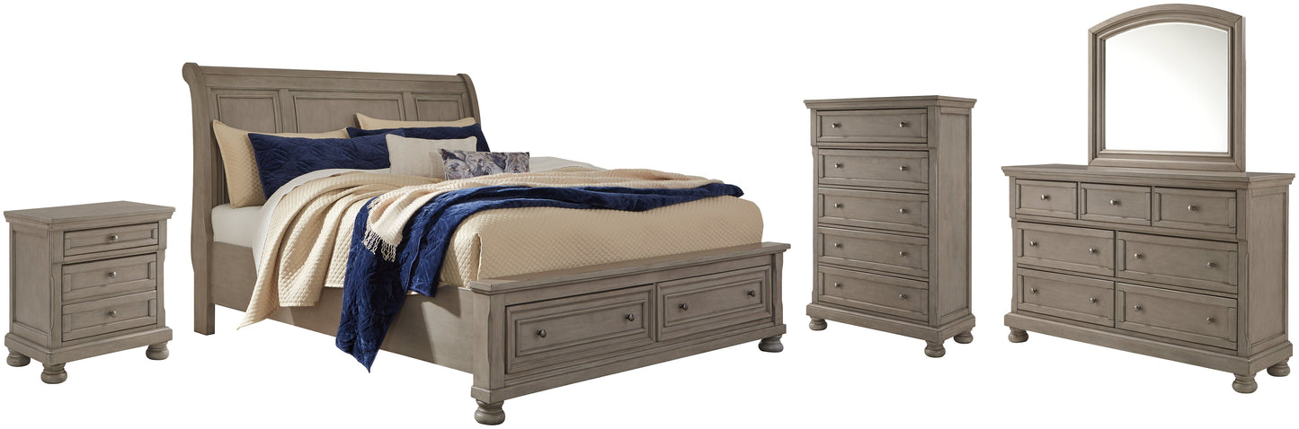 Lettner Queen Sleigh Bed with 2 Storage Drawers with Mirrored Dresser, Chest and Nightstand Smyrna Furniture Outlet