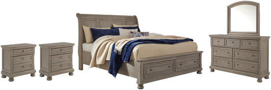 Lettner Queen Sleigh Bed with 2 Storage Drawers with Mirrored Dresser and 2 Nightstands Smyrna Furniture Outlet