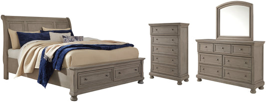Lettner Queen Sleigh Bed with 2 Storage Drawers with Mirrored Dresser and Chest Smyrna Furniture Outlet