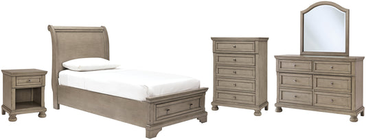 Lettner Twin Sleigh Bed with Mirrored Dresser, Chest and Nightstand Smyrna Furniture Outlet